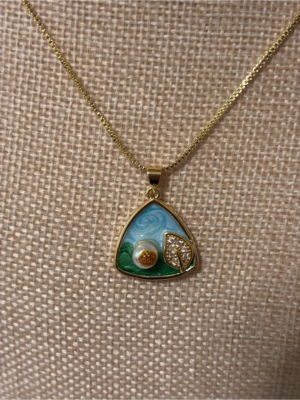 Gold-Tone Blue & Green Enamel Pendant Necklace with Pearl Accent